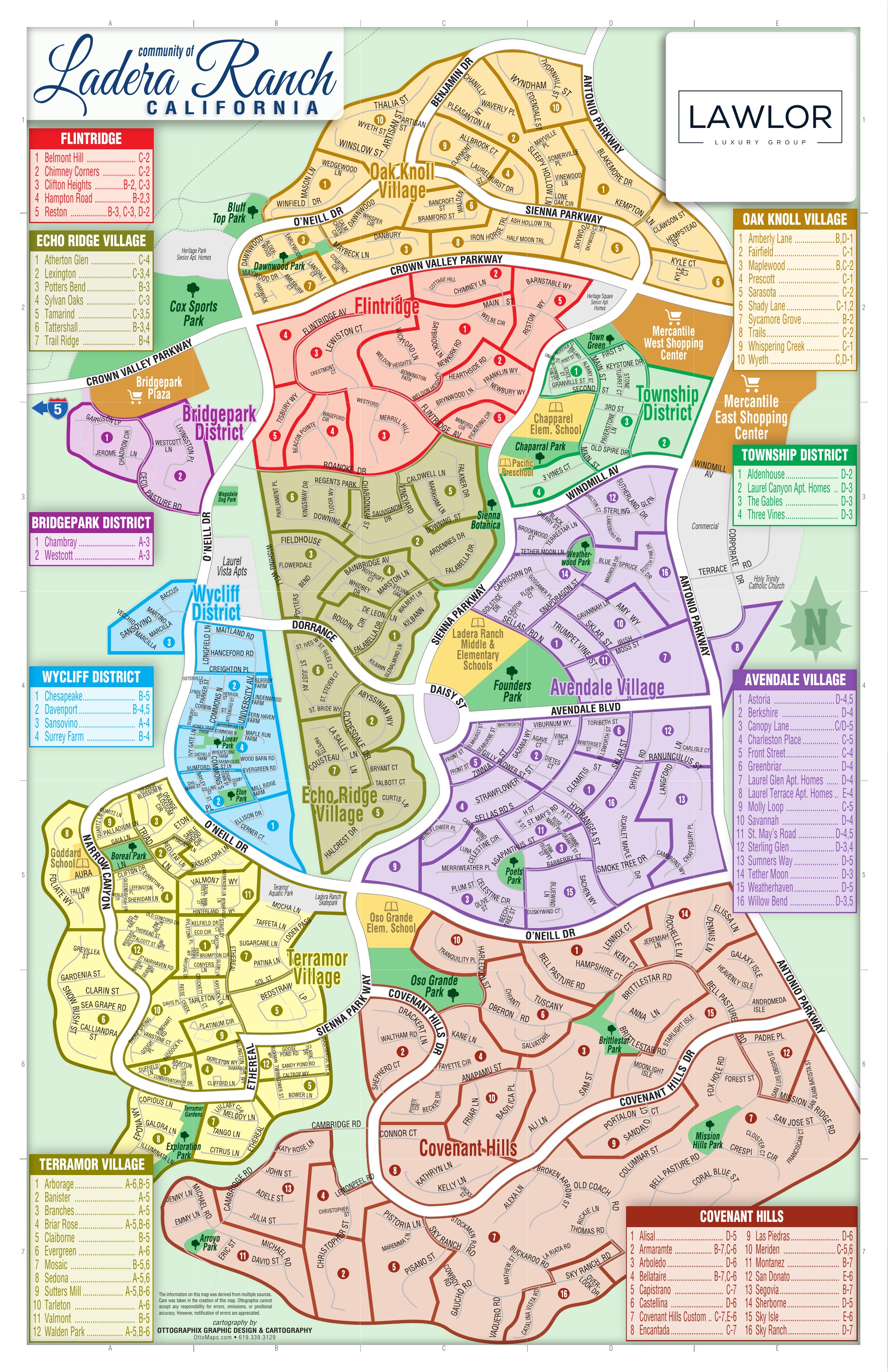 Color-coded subdivision map of Ladera Ranch, California showing villages, neighborhoods, parks, schools and retail districts