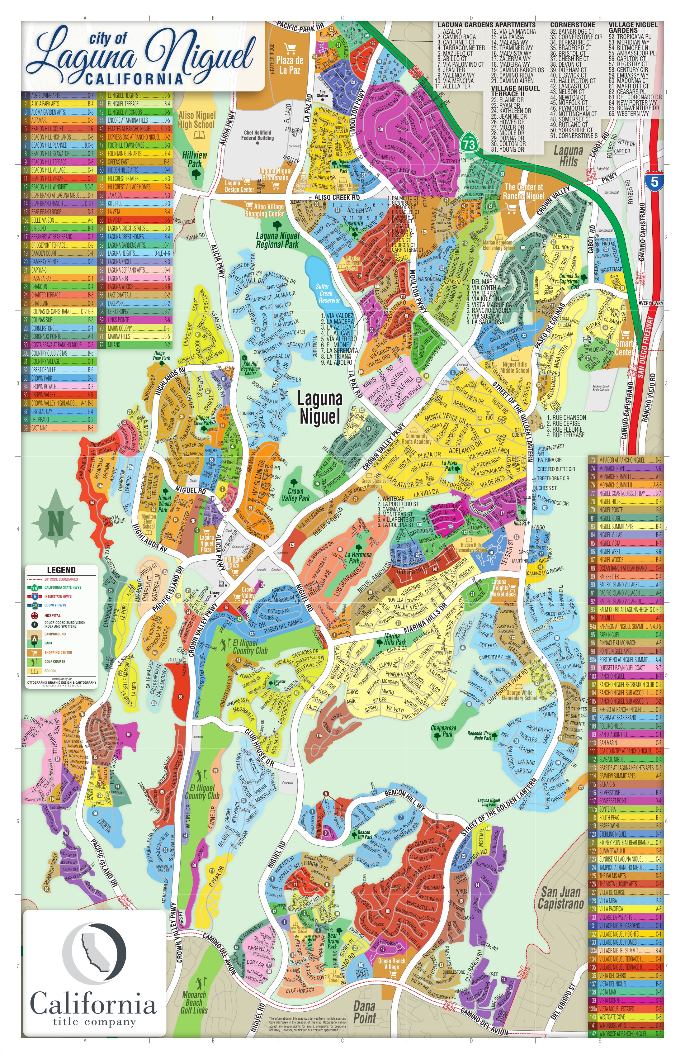Color-coded map of Laguna Niguel, California showing named subdivisions and communities, major roads, parks, schools, shopping centers, the golf course and surrounding cities