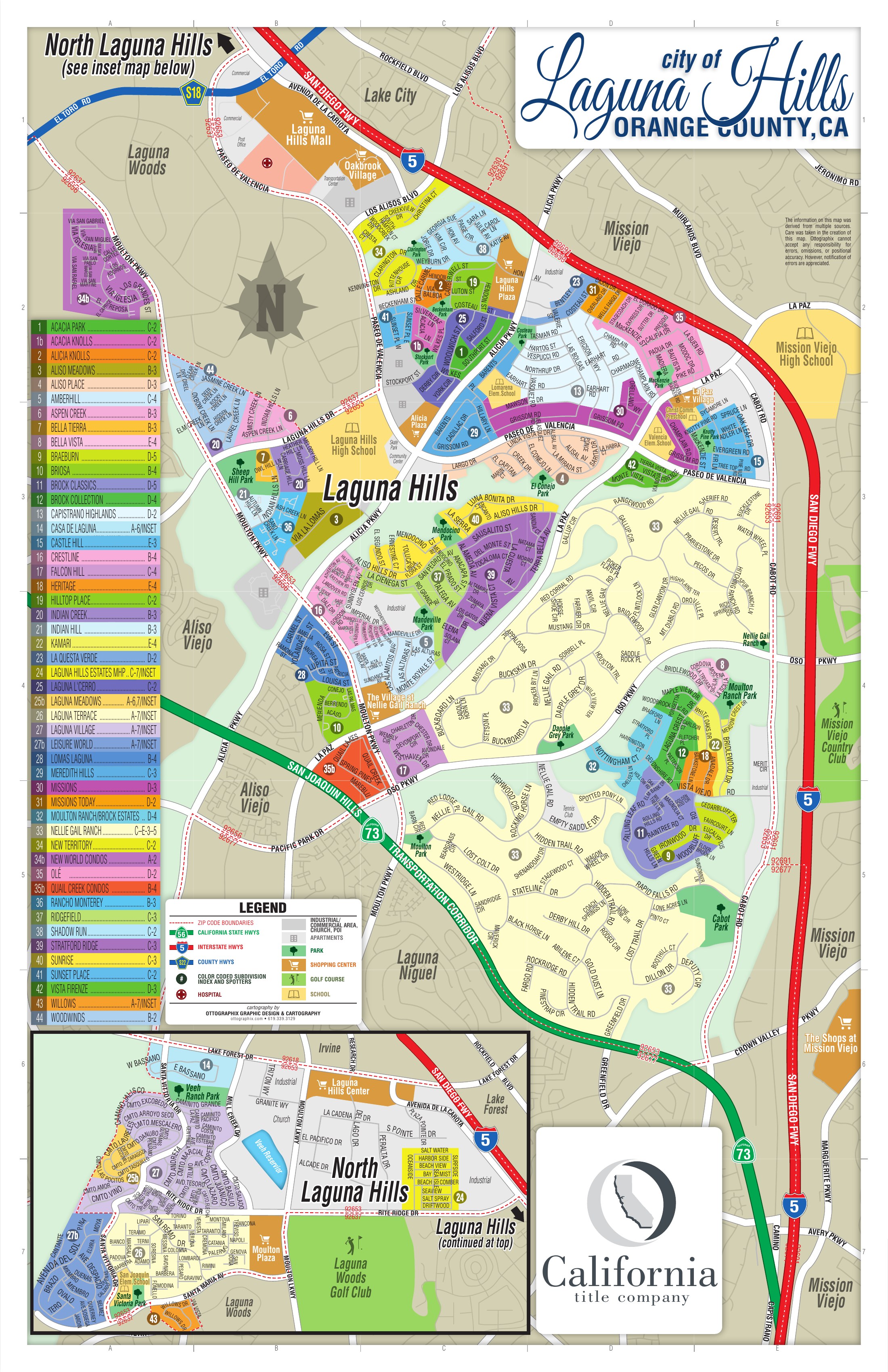 Color-coded subdivision map of Laguna Hills, California showing major residential subdivisions, roads, surrounding cities and the North Laguna Hills inset.