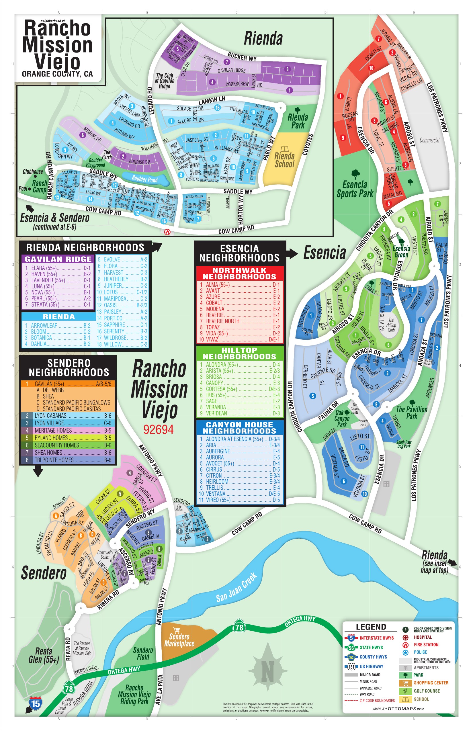 Color-coded map of Rancho Mission Viejo, California showing the Sendero, Esencia, Rienda and Gavilán Ridge villages with named builder neighborhoods, major roads, schools, parks and surrounding open space