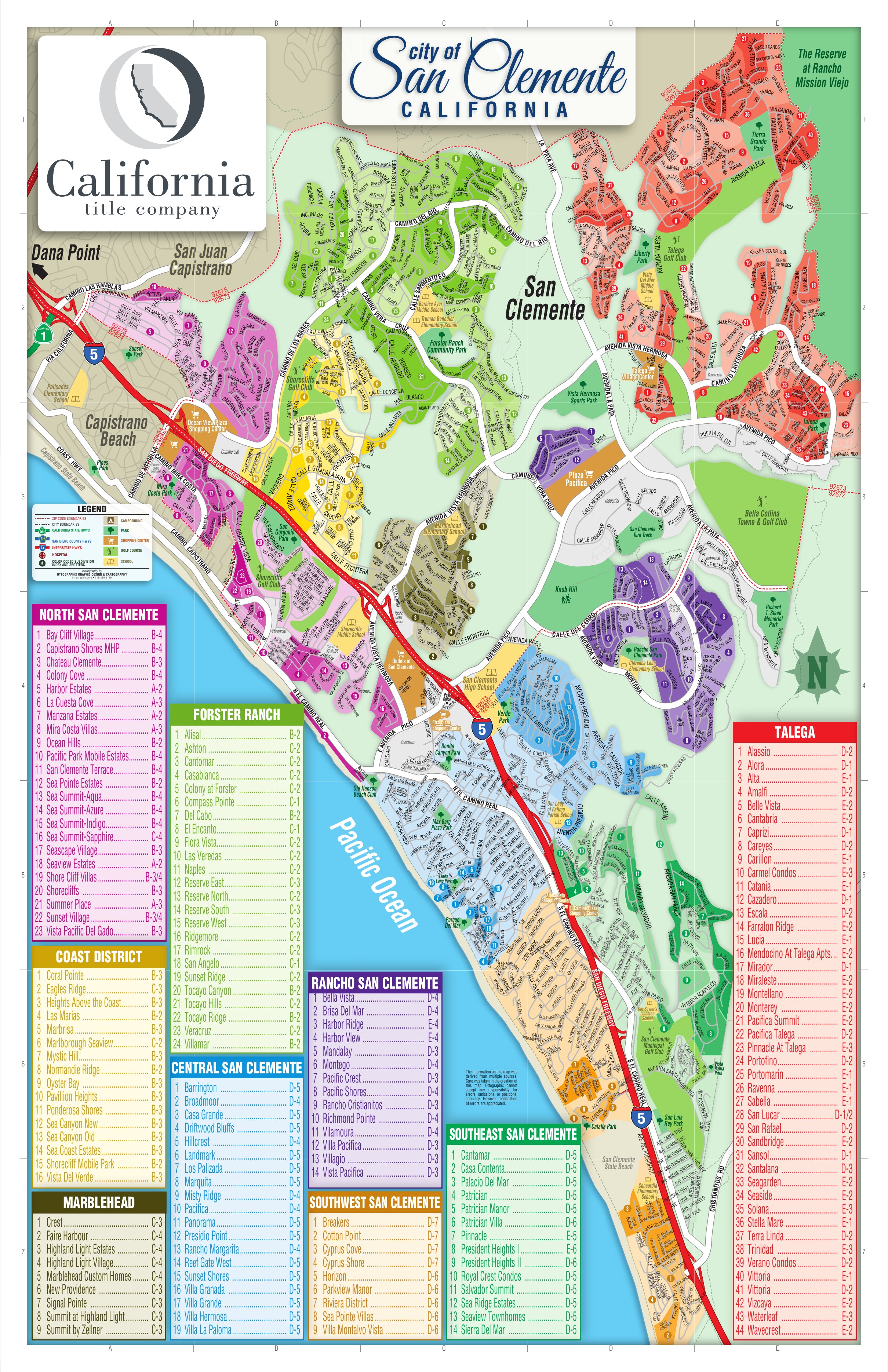 Color-coded map of San Clemente, California showing nine major market areas and their subdivision names