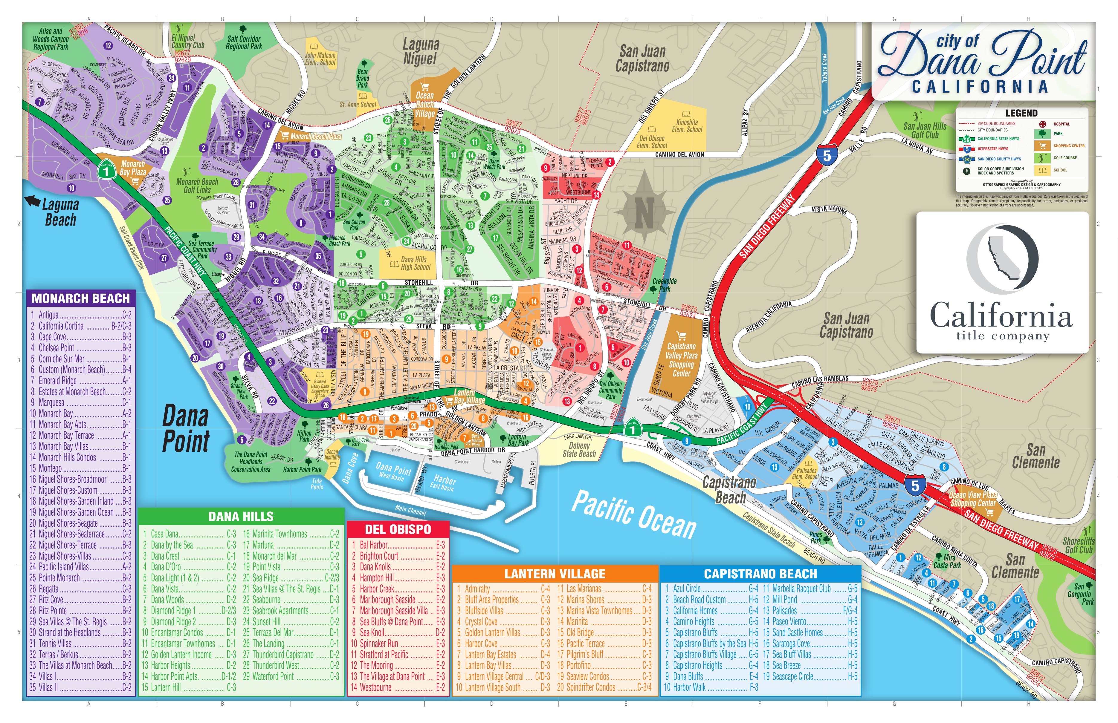 Color-coded map of Dana Point, California showing named subdivisions and neighborhoods, the harbor, Headlands, coastline, major roads, parks and schools