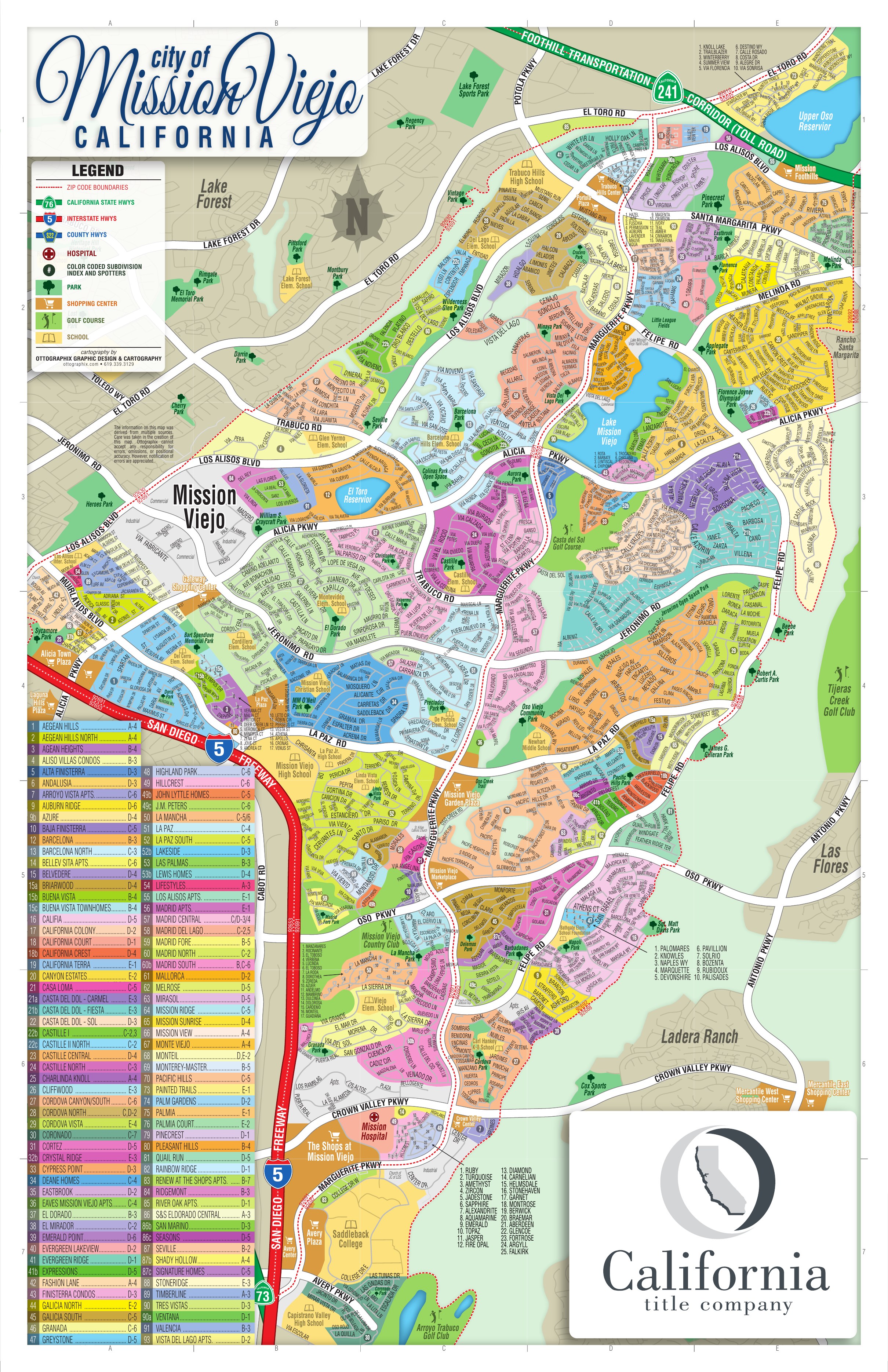 Color-coded map of Mission Viejo, California showing named subdivisions, major roads, schools, parks, golf courses and Lake Mission Viejo