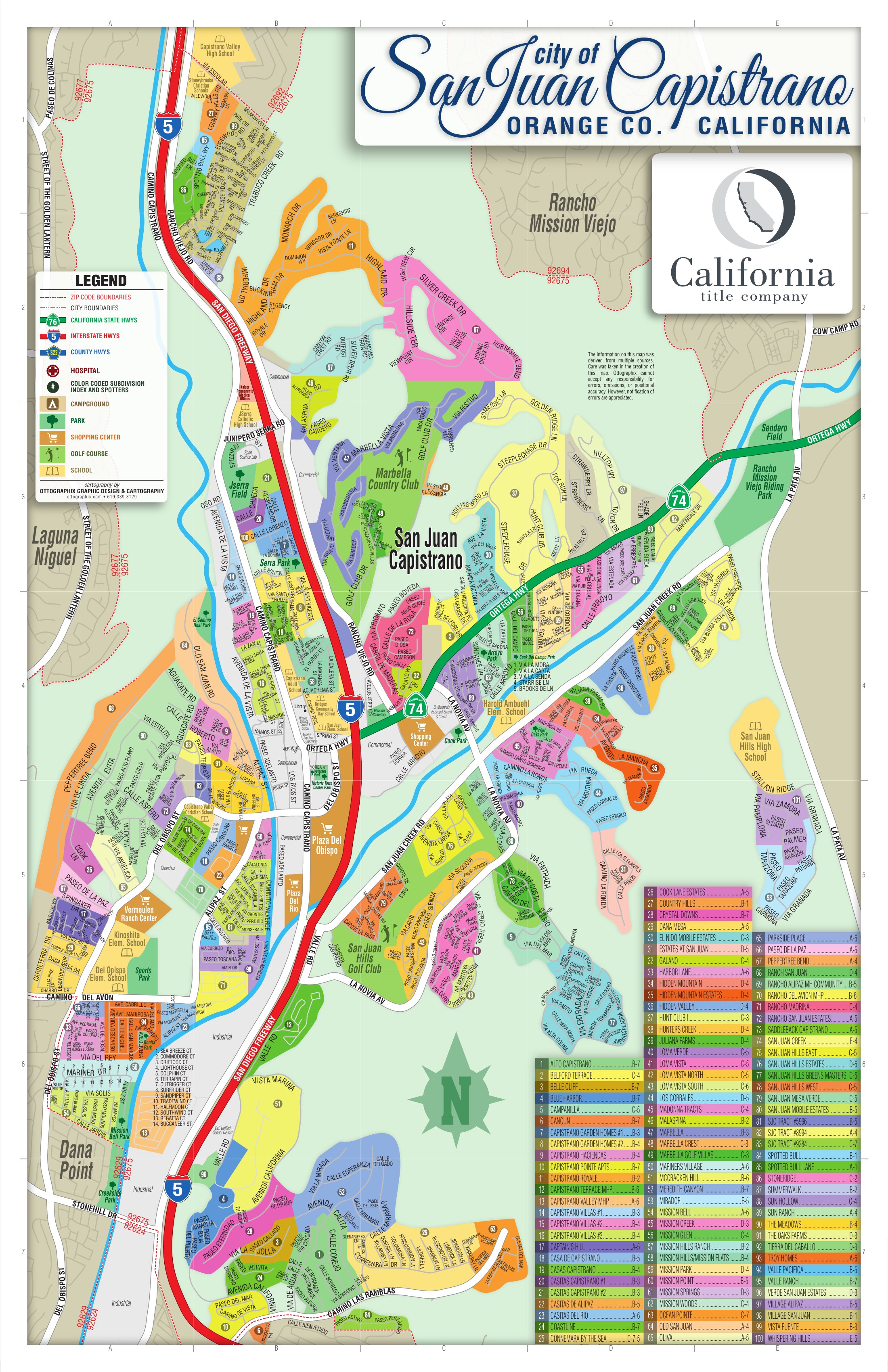 Color-coded map of San Juan Capistrano showing roughly 101 named subdivisions, neighborhoods and projects with major roads, schools, parks, golf and the rail corridor